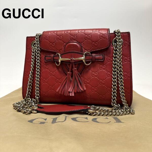 p17【極美品】グッチ GUCCI GGシマ マイクロGG レザー エミリー ホースビット チェーン ショルダーバッグ 369621