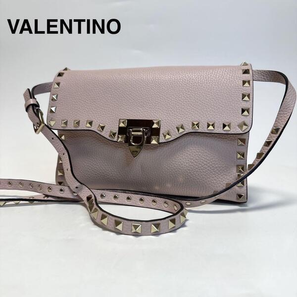 p37【極美品】ヴァレンティノ VALENTINO シボ革 レザー ロックスタッズ ターンロック ショルダーバッグ