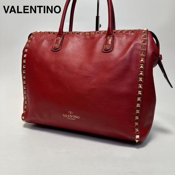 p44【美品】ヴァレンティノ VALENTINO ロックスタッズ ビジュー レザー ハンドバッグ トートバッグ ワンショルダー ボストン