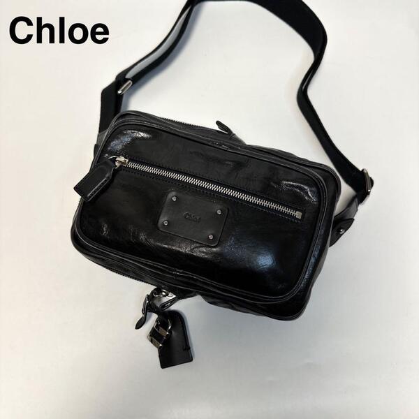 p50【極美品】クロエ Chloe 革 レザー ブラック 黒 カデナ ボディバッグ ショルダーバッグ ウエストポーチ ウエストバッグ