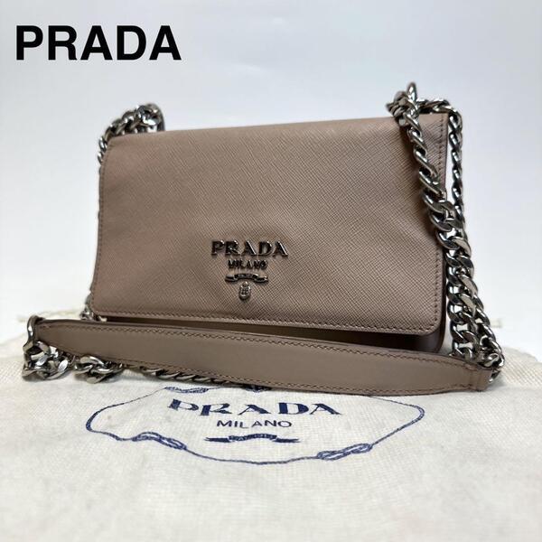 p61【美品】プラダ PRADA ロゴ金具 サフィアーノレザー チェーン ショルダーバッグ 1BD009