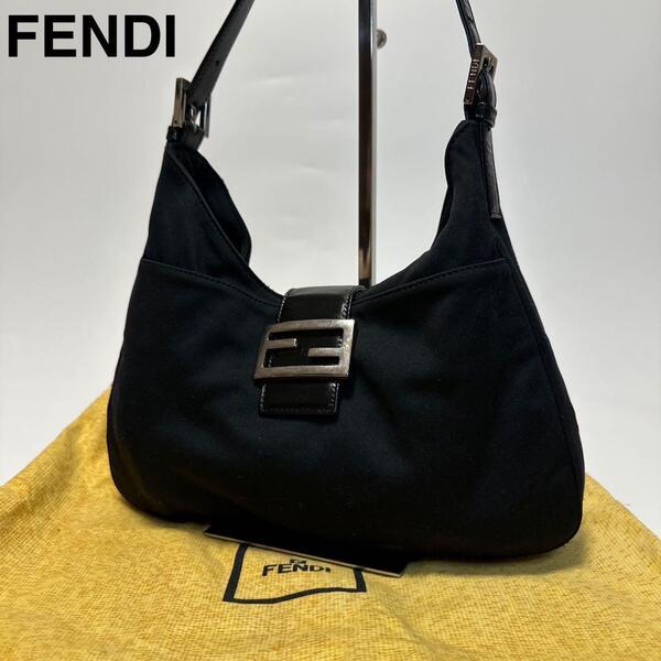 p68【極美品】フェンディ FENDI コットンジャージー レザー ブラック 黒 マンマバケット ショルダーバッグ ハンドバッグ