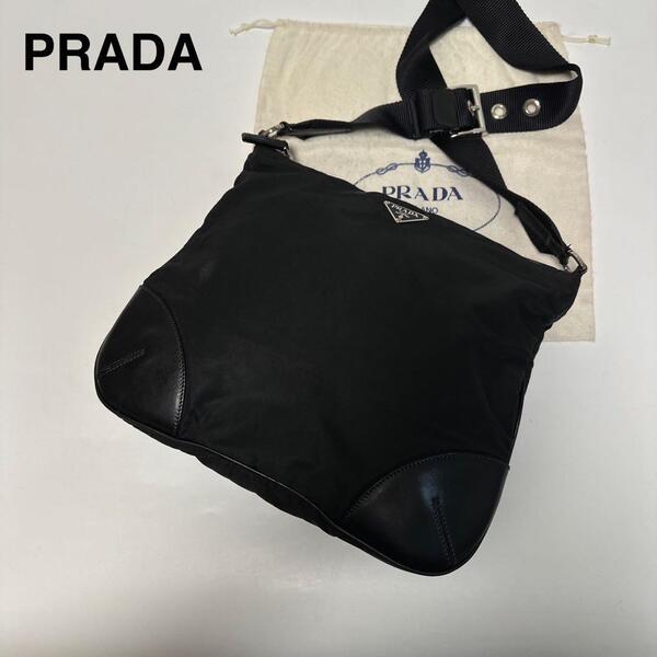 q04【極美品】プラダ PRADA 三角ロゴ ナイロン レザー 革 黒 ブラック ショルダーバッグ サコッシュ