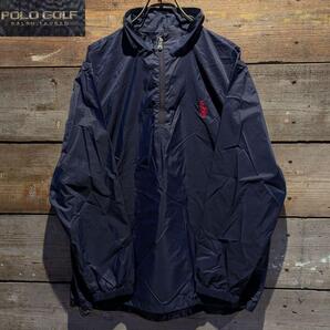 90s ラルフローレン ハーフジップ プルオーバー 刺繍 ドローコード ネイビー