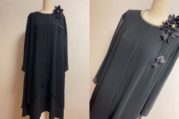 T528★ 4L 新品 黒 ブラックフォーマル 礼服、フォーマルワンピー 重ね着風ワンピース 前ファスナー