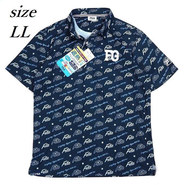 T156 新品 FILA GOLF フィラ ゴルフ メッシュ調 総柄 ポロシャツ 遮熱 接触冷感 ネイビー LL