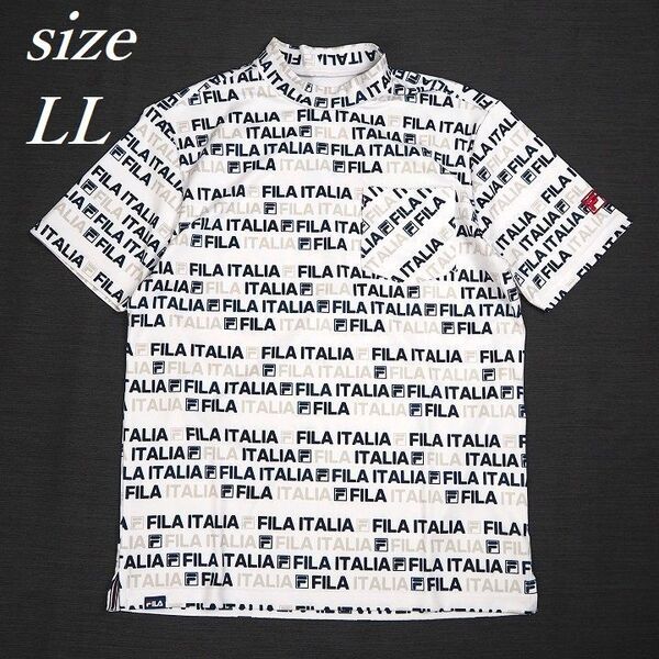 T153 新品 FILA GOLF フィラ ゴルフ 総柄 モックネック 半袖 シャツ ストレッチ 吸汗速乾 UVカット 接触冷感 ホワイト LL