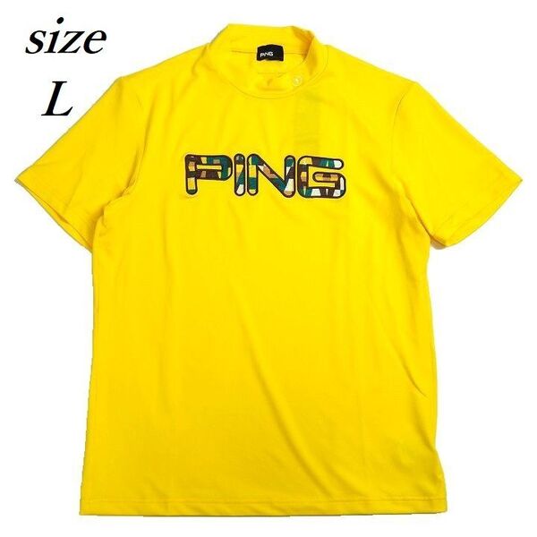 T207 新品 PING GOLF ピン ゴルフ 天竺編み モックネック 半袖 シャツ ストレッチ ハイネック ビッグロゴ イエロー L