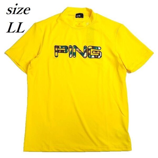 T207 新品 PING GOLF ピン ゴルフ 天竺編み モックネック 半袖 シャツ ストレッチ ハイネック ビッグロゴ イエロー LL