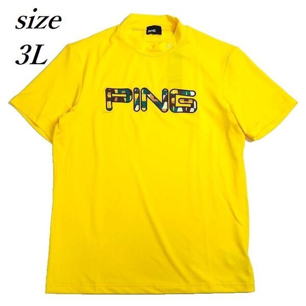 T207 新品 PING GOLF ピン ゴルフ 天竺編み モックネック 半袖 シャツ ストレッチ ハイネック ビッグロゴ イエロー 3L