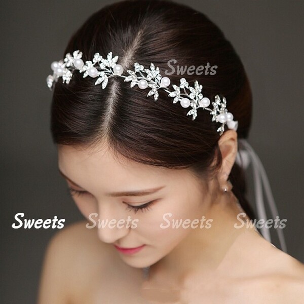 ウェディング ヘアアクセサリー 結婚式 前撮り パール ヘッドドレス シルバー 髪飾り カチューシャ ラインストーン リーフ 匿名配送