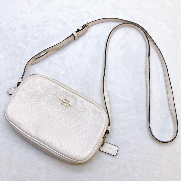 美品COACH コーチ ショルダーバッグ 斜め掛け ダブルジップ カメラバッグ ホワイト レザー