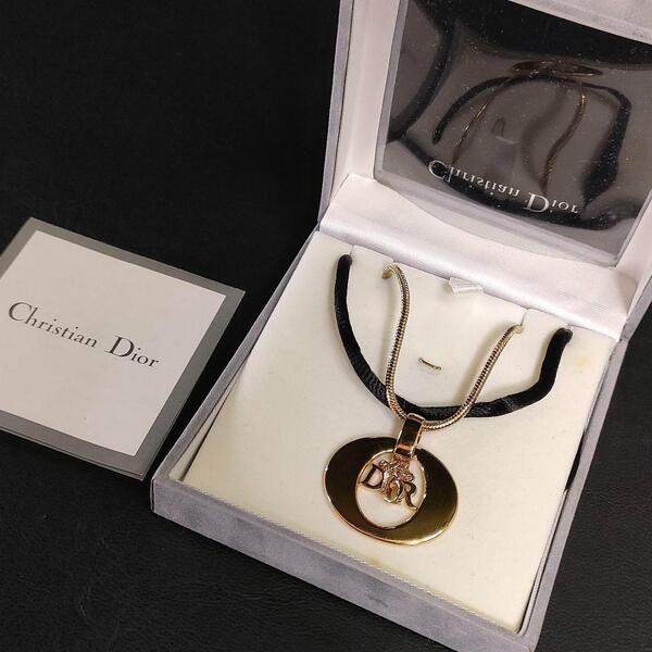 【美品】Dior ディオール ネックレス ゴールド サークル ロゴ シルクコード