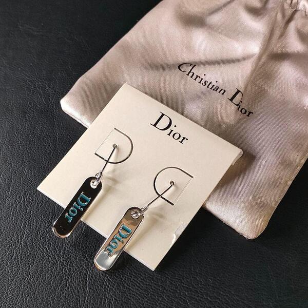 【美品】Diorディオール ピアス シルバー ブルー プレート イヤリング ロゴ