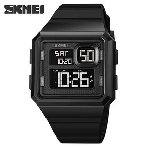 50m防水 デジタル腕時計 ダイバーズ スポーツ ブラック黒 デュアルタイム デカ文字 タイマー ストップウォッチ アラームスクエア角型