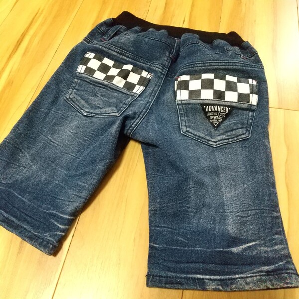 KIDS 130cm デニム ハーフパンツ チェッカーフラッグ ワッペン デニム ジーパン半ズボン ストレッチ