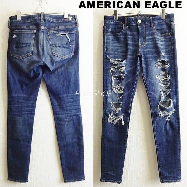 即決★ 送料無★ アメリカンイーグル JEGGING W76cm スーパーストレッチ クラッシュデニム レーヨン混 8R 藍青 360SS I796