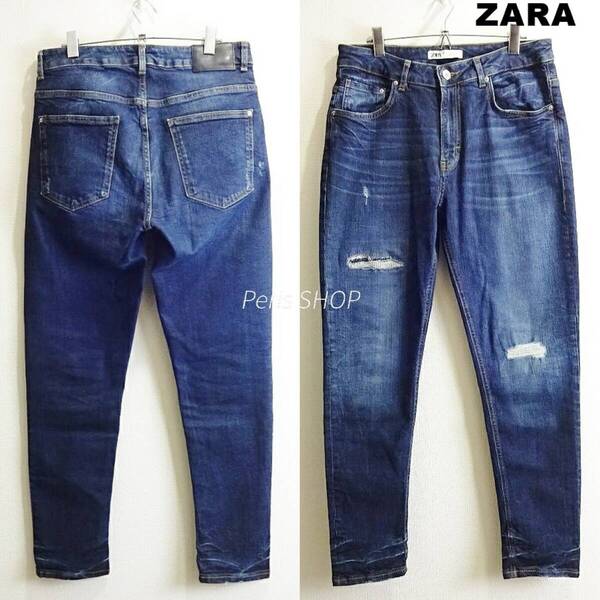 即決★ 送料無★ ZARA MAN ハイライズスキニーテーパードデニム W82cm 強ストレッチ 藍青 トルコ製 Sz.36 ザラ I911