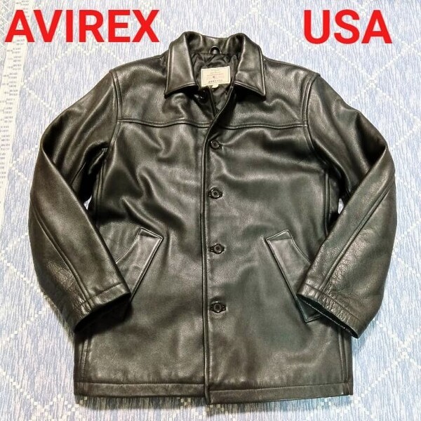 希少 AVIREX USA レザーカーコート L カウハイド 肉厚 牛革 レザージャケット 革ジャン ライダースジャケット アヴィレックス アビレックス