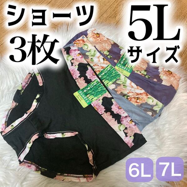ショーツ 3枚セット 5L 花柄 コットン 綿 レディース 大きいサイズ ブラック 黒 パンツ グレー パープル 紫 ハイウエスト XXXXL 4XL