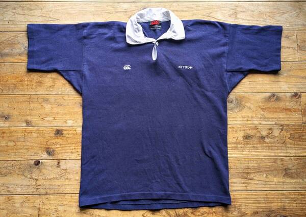 送料無料♪90s ニュージーランド製CANTERBURY カンタベリー 半袖ラガーシャツ size S(L相当) メンズ NTTクレド 刺繍ロゴ ネイビー紺 古着