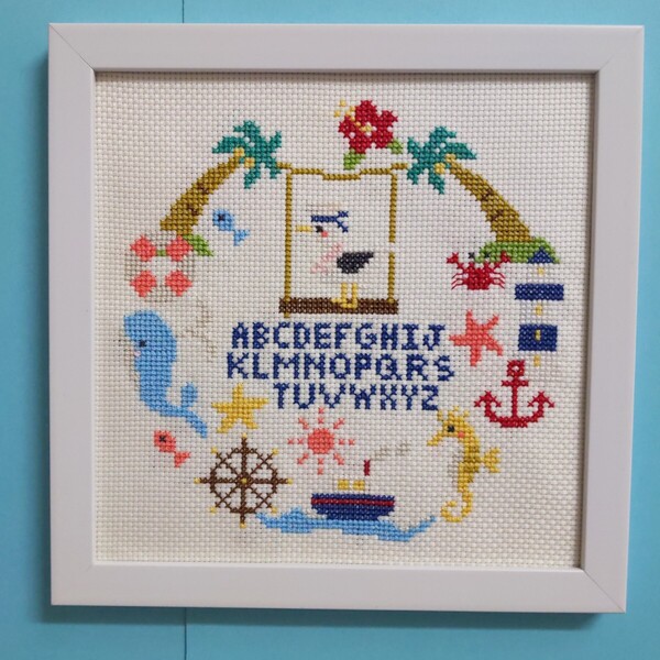 クロスステッチ刺繍完成品(マリン) ハンドメイド・ 額入り