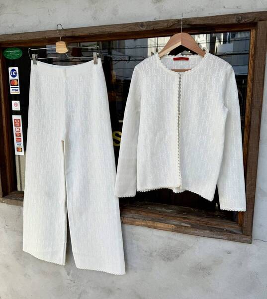 ★CAROLINA HERRERA★キャロリーナヘレラ★ニット★レース★セットアップ★ジャケット★パンツ★ウエストゴム★ホワイト★白★レディース★