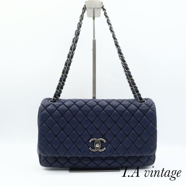 CHANEL 美品 シャネル レザー Wチェーン ショルダーバッグ ネイビー