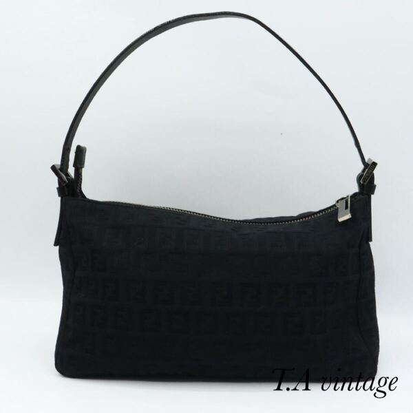 FENDI 美品 フェンディ ズッキーノ キャンバス レザー ハンドバッグ ブラック
