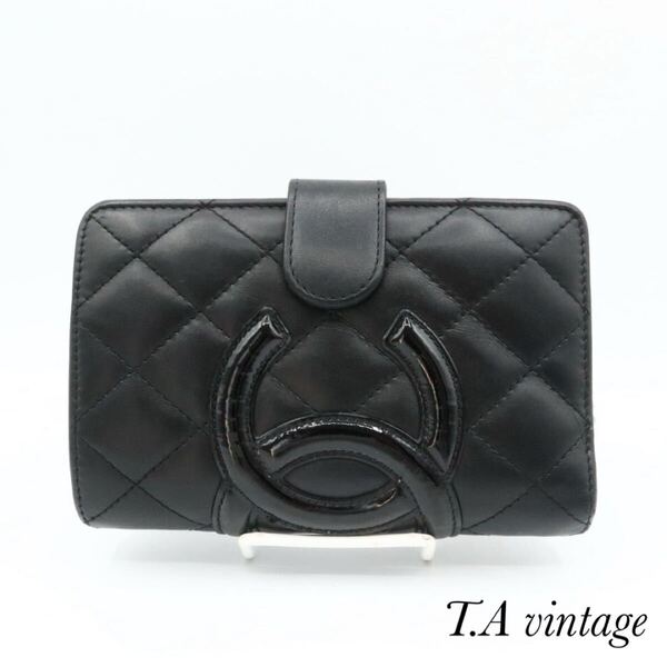 CHANEL 美品 シャネル カンボンライン ラムスキン 折り財布 ブラック ピンク SV金具