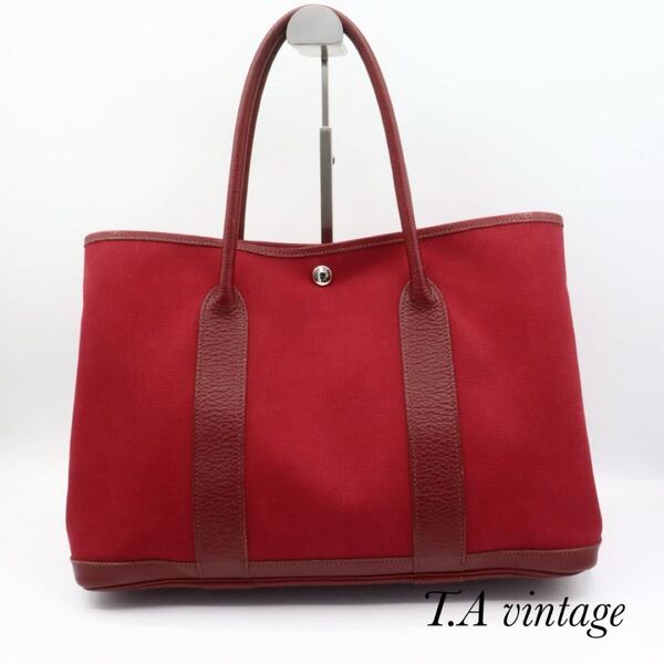 HERMES 美品 エルメス ガーデンパーティーPM トワルオフィシエ トートバッグ レッド