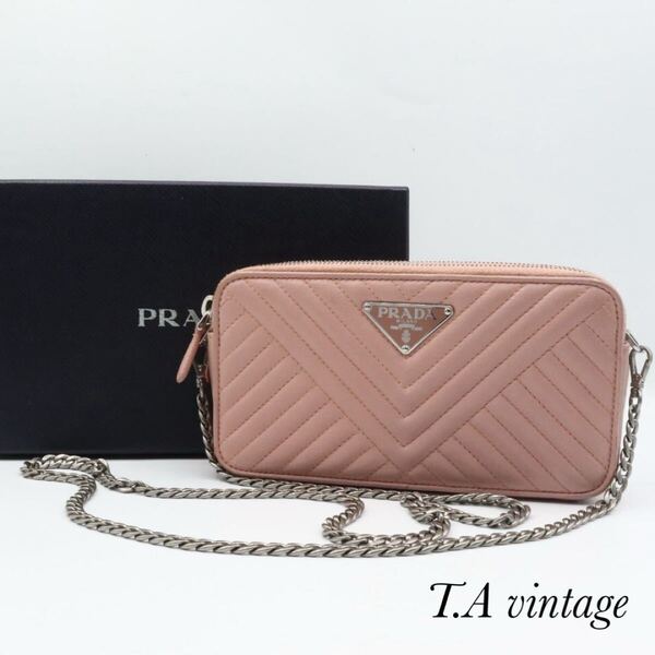PRADA 美品 プラダ レザー 三角ロゴ チェーン ショルダーバッグ ピンク