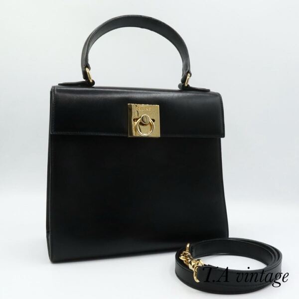 CELINE 美品 セリーヌ カーフスキン ガンチーニ 2way ハンドバッグ ブラック