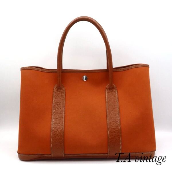 HERMES 美品 エルメス ガーデンパーティーPM トワルオフィシエ トートバッグ オレンジ