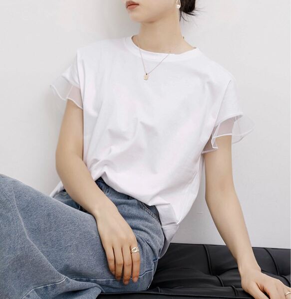 レース Tシャツ レディース 夏 トップス 半袖 クルーネック フリル袖 ドロップショルダー 無地 薄手