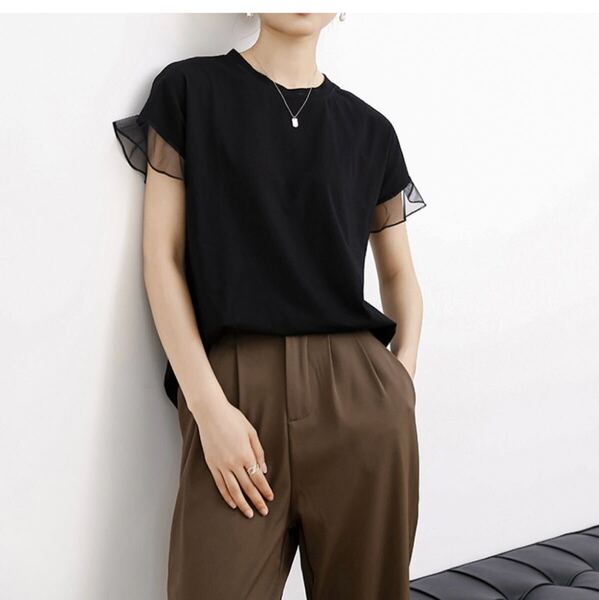レース Tシャツ レディース 夏 トップス 半袖 クルーネック フリル袖 ドロップショルダー 無地 薄手 プルオーバー コットン ブラック