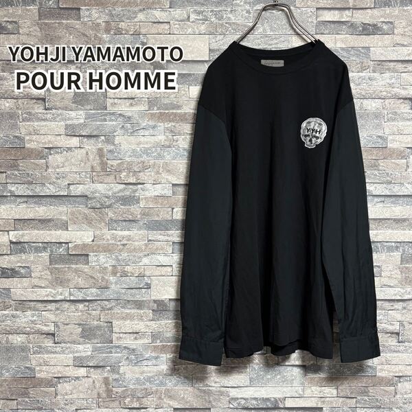 Yohji Yamamoto POUR HOMME 15AW スカルワッペン切替袖L/S T BLACK/3 ロンT 長袖Tシャツ クルーネック ブラック L
