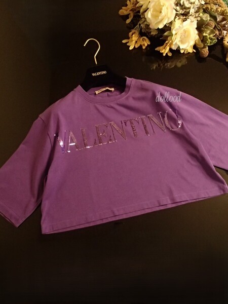 VALENTINO ヴァレンティノ ロゴ Tシャツ XXS パープル スパンコール 刺繍 クロップド丈