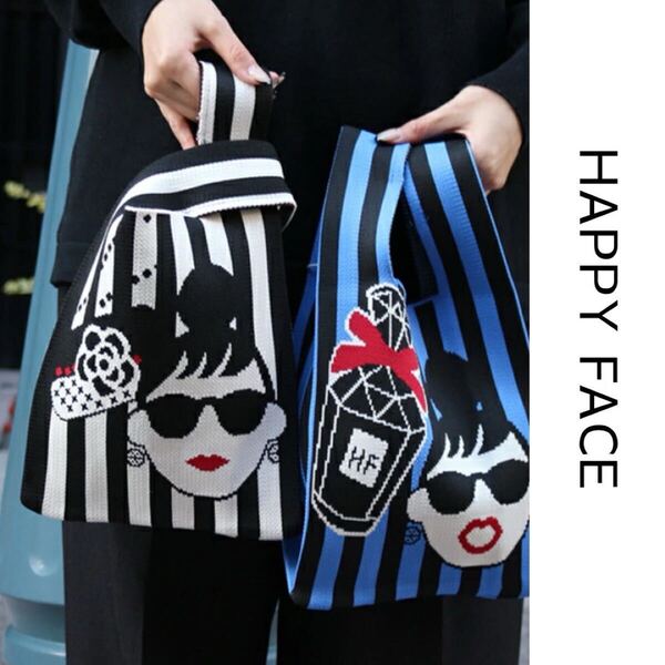 未使用☆HAPPYFACE エマちゃん ニットバッグ サブバッグ ストライプ グレーxブラック エコバッグ
