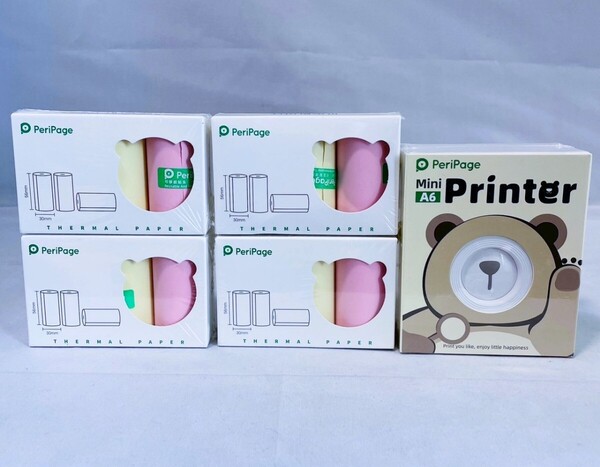 【新品未開封品】PeriPage A6 ミニサーマルプリンター ホワイト スマホで簡単印刷 感熱ロール紙3ロール入り×4箱付き 送料無料