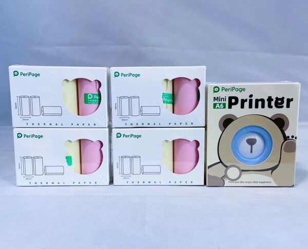 【新品未開封品】PeriPage A6 ミニサーマルプリンター ブルー スマホで簡単印刷 感熱ロール紙3ロール入り×4箱付き 送料無料