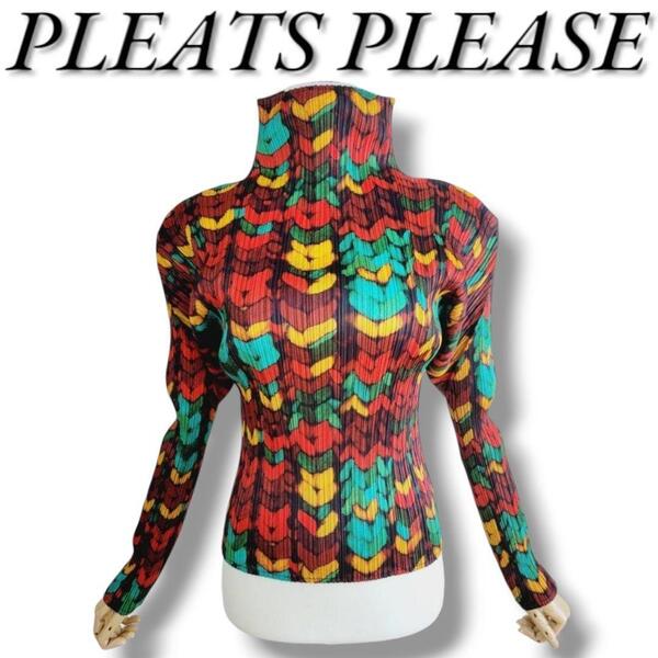 希少 プリーツプリーズ イッセイミヤケ ハート柄 総柄 ハイネック 長袖カットソー PLEATS PLEASE ISSEY MIYAKE トップス タートルネック