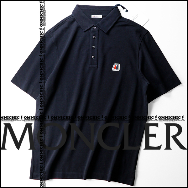 希少ラバースクエアロゴ■新品/国内正規品【MONCLER】モンクレール一味違うデザイン性/清潔感溢れるネイビー鹿の子ポロシャツM/紺/半袖