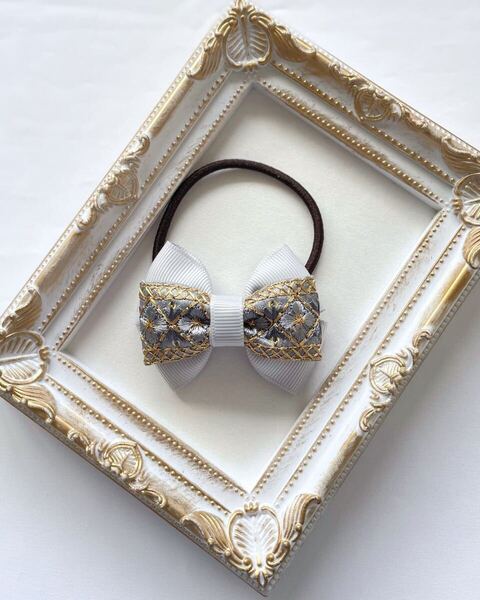★★ハンドメイド85 ヘアゴム リボン インド刺繍リボン ヘアアクセサリー★★