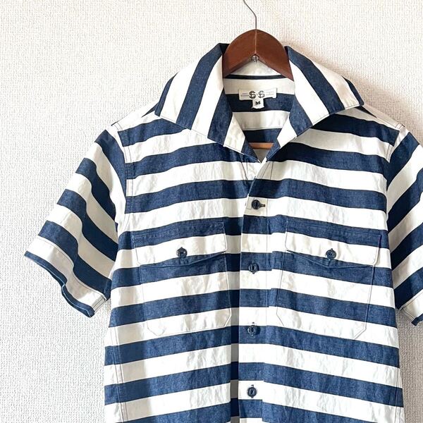 美品★JOHN GLUCKOW ジョングラッコー イタリアンカラー 半袖シャツ ボーダー 半袖 ワークシャツ マリンシャツ シャツ ジェラード