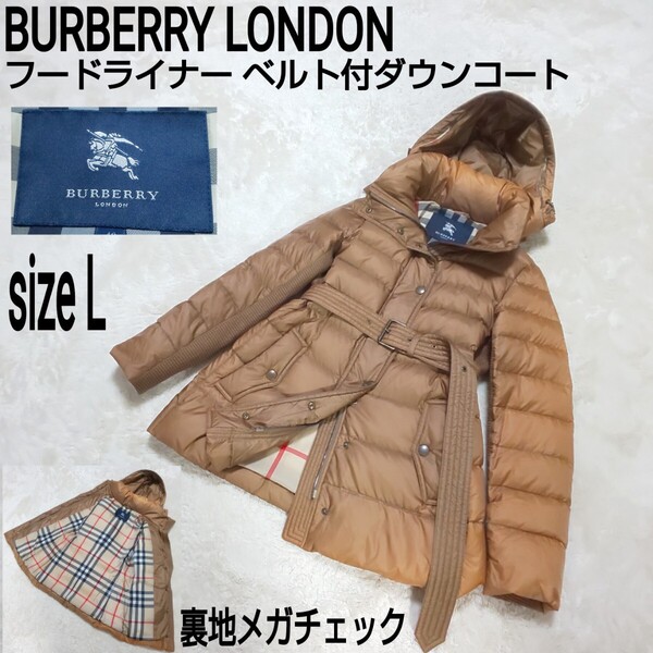 BURBERRY LONDON フードライナー ベルト付ダウンコート ダウンジャケット 裏地メガチェック ノバチェック ノヴァチェック カーキ 40/L