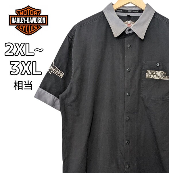 Harley-Davidson ハーレーダビッドソン 半袖シャツ 胸ポケット 刺繍 ワッペン ブラック 黒 古着 2XL~3XL相当 大きいサイズ