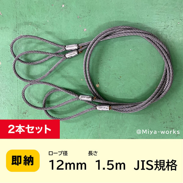 JIS玉掛 ワイヤーロープ 12mmx1.5m【2本セット】ロック加工6x24 A種 両アイ加工 玉掛け クレーン作業 【送料無料】