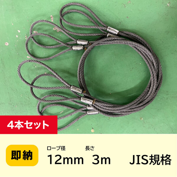 JIS玉掛 ワイヤーロープ 12mmx3m【4本セット】ロック加工6x24 A種 両アイ加工 玉掛け クレーン作業 【送料無料】
