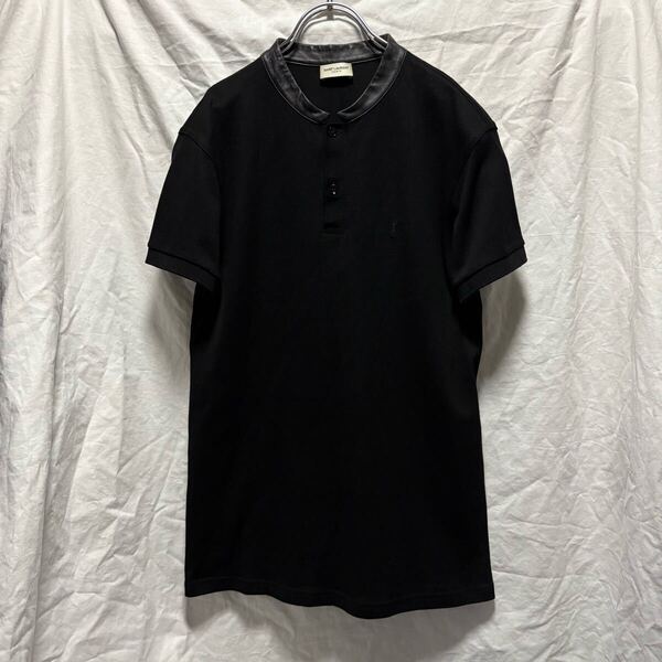 Saint Laurent leather Stand Shirt Black YSL刺繍 ロゴ サンローラン レザー スタンドカラー プルオーバーシャツ ポロシャツ ブラック